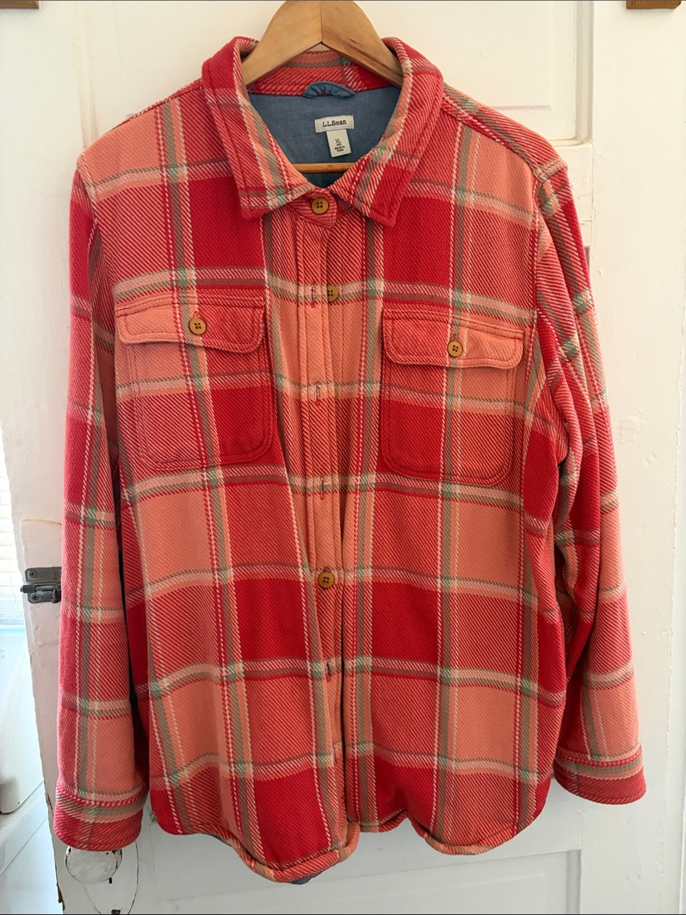 L.L. Bean Red and Peach Plaid Women's Button-Down Shirt Jacket